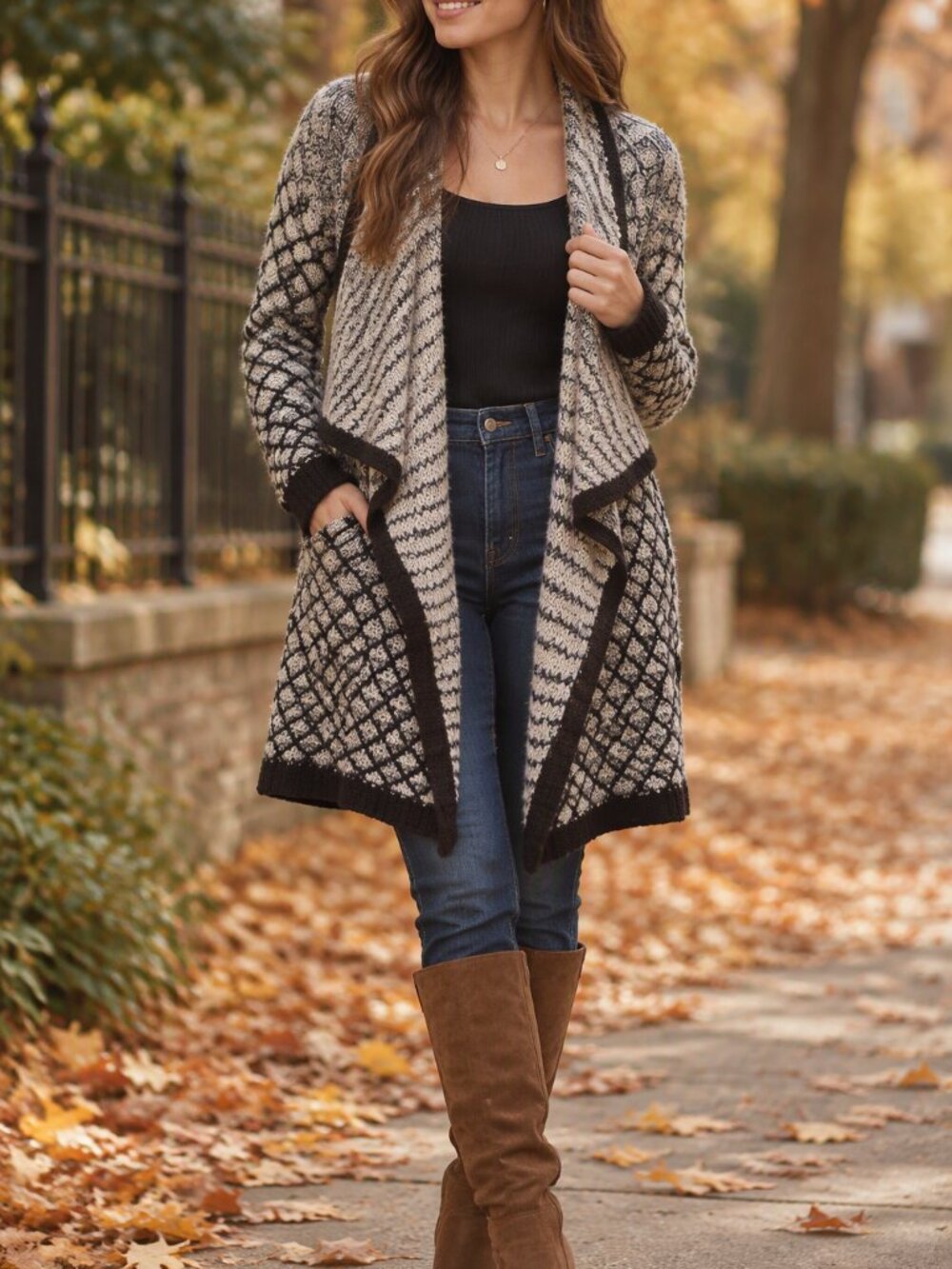 Time and Tru Brown and Cream Open-Front Draped Cardigan